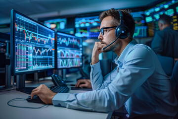 Financial Experts Analyzing Market Trends and Making Calls in a Busy Call Center Office, Using Computers to Monitor Stocks and Strategies.