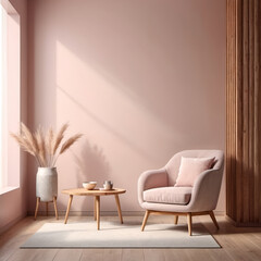 Modern minimalist interior with an armchair neutral color wall background natural wooden furniture, Farmhouse style interior background, 3d render