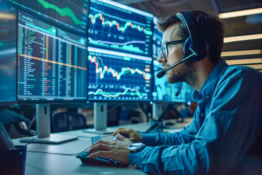 Financial Experts Analyzing Data and Making Calls in Busy Call Center Office: Stock Market Strategy and Telemarketing in Action