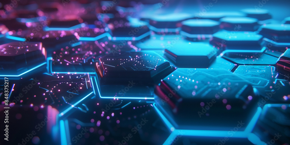 Poster futuristic blue hexagonal grid with illuminated dots