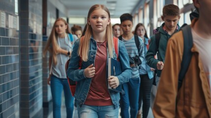 Obraz premium High School Students in Stylish Uniforms Walking Down Hallway with Backpacks and Books