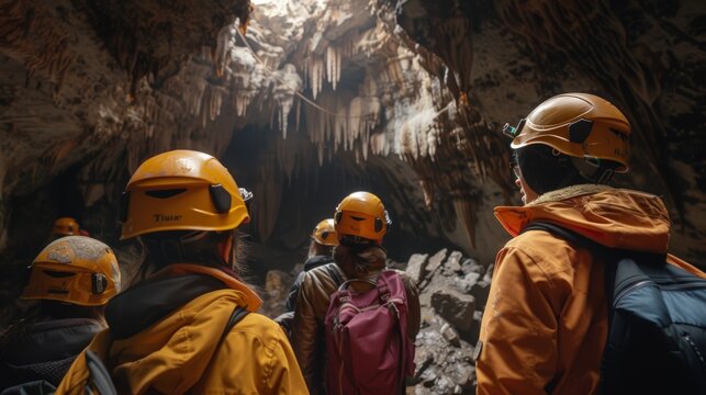 Students Exploring a Cave on a Geology Field Trip, Equipped with Safety Helmets and Guided by an Expert