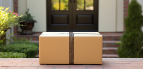 Fototapeta premium Brown Cardboard Box Delivered To Home. Single Package Waiting on Brick Porch. Parcel Delivery To Front Door. Generative AI