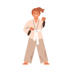 Girl kid wearing kimono and white belt, karate training, vector child showing hand defense technique pose in martial art