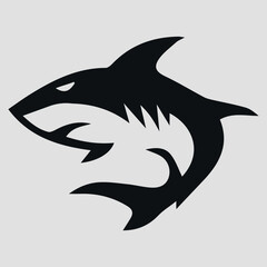 Obraz premium The black silhouette of a shark. Vector icon on a gray background 