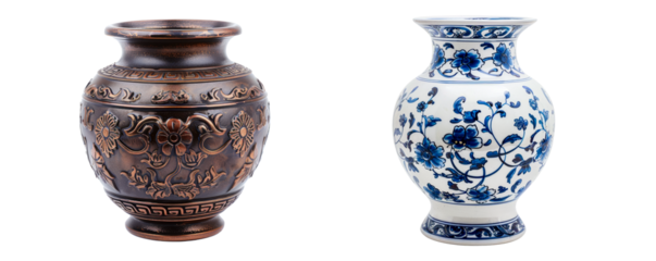 Two antique Chinese vases close-up on a transparent background PNG. Generative AI