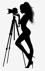 Logo, vector graphic logo of a photographer and model on a tripod, a simple minimalist design with a white background, showing a full body silhouette in a low angle shot with low light