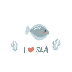 Childrens sea animal background with words. Nautical elements. Cute fish or ocean inhabitant with seaweed. Sea wild life, marine animals with text for stickers, cover design, clothes.