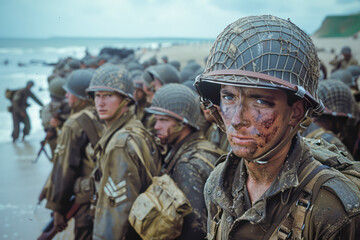 Fototapeta premium Efficient D-Day Deployment: Allied Troops Streamline Normandy Landings