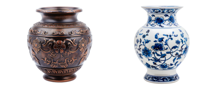 Two antique Chinese vases close-up on a transparent background PNG. Generative AI
