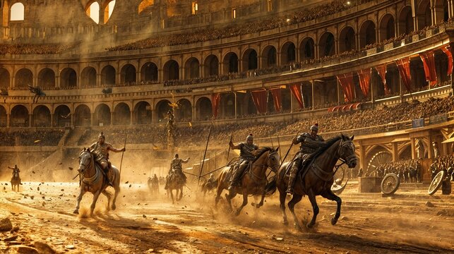 Dramatic chariot race and gladiator fight in ancient colosseum