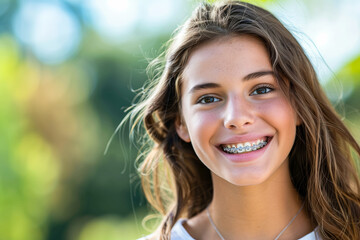 Fototapeta premium Smiling girl with dental braces on blurred background