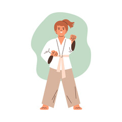 Vector karate training: a child athlete in a kimono demonstrates a fighting pose and technique.