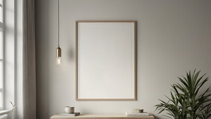 Mockup of poster, photo frame on wooden table with white wall background
