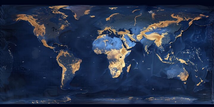 World map illustrating illuminated urban population density at night. Digital rendering in dark blue and golden color scheme. Global population distribution and urbanization concept.
