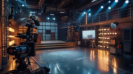 Empty Television Studio Set: Illuminated by Lighting Rigs and