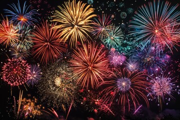 Fototapeta premium Colored congratulatory fireworks in the sky