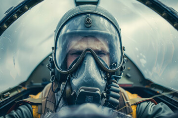 Fototapeta premium WWII Fighter Pilot in Helmet Ready for Battle in Airplane - Capturing the Intensity of War in Stunning Imagery