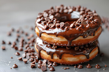 Two delicious chocolate donuts with chocolate topping sprinkled by chocolate chips on gray blurred surface, with copy space. For design, print, card, poster, flyer, advertising, menu. Donut Day