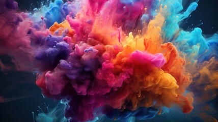 Explosive color burst in orange and blue. Horizontal image of exploding motion of multicolored...