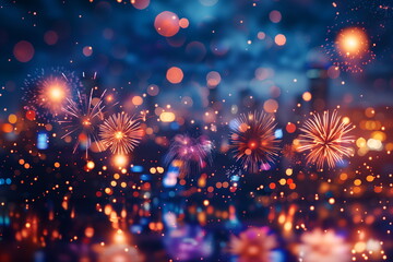 Fototapeta premium USA Independence Day on July 4th features colorful fireworks in night sky in American flag colors, representing red, blue, white stripes. Concept of United States Independence Day