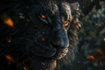 Naklejka premium Cinematic close-up of a roaring lion, amber eyes ablaze, with shafts of light cutting through a dense forest.