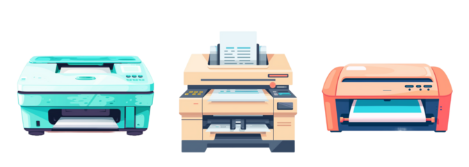 Collection of office printer in flat style isolated on transparent background. Hand drawn vector art.