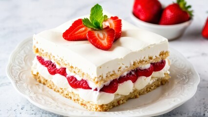 A square-shaped protein cake baked with whipped meringue, smeared with cottage cheese cream and strawberry slices.