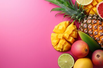 Healthy food tropical fruits on a pink background flat lay. Copy space for text