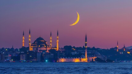 Fototapeta premium New moon over historical Eminonu peninsula at twilight, Istanbul - Turkey , Blue Mosque (Sultanahmet)