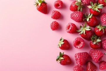 Fresh berries raspberries and strawberries on a pink background flat lay. Copy space for text