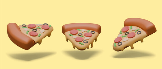 Triangular 3D slice of pizza in different positions. Hot dish