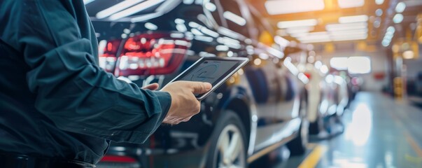 Person using a tablet near black car in a factory. Close-up of automotive app interface.