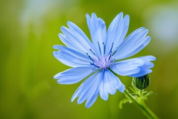 Blue flowers on a chicory plant. Blue chicory blossom. Cichorium intybus
