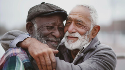 copy space, stockphoto, two elderly men hugging. Interracial gay couple in love. Stability in a gay couple. LGTBQ+ community theme. equal rights for everybody. Tolerance theme. Diversity theme.