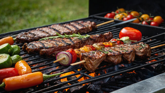 Perfektes Sommergrillen: Saftiges Fleisch und frisches Gem&uuml;se auf dem Grillrost, mit Flammen und Rauch. k&ouml;stliche BBQ-Delikatessen mit Freunden und Familie im Garten Terrasse