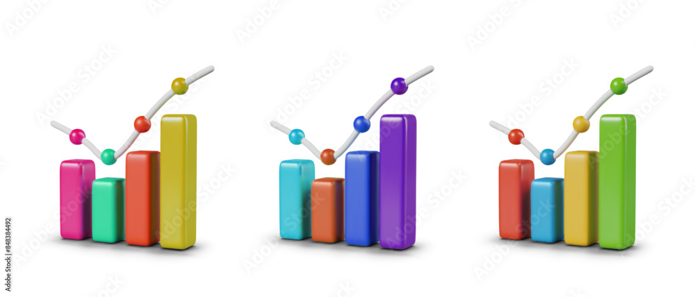 Wall mural set of colored bar charts in 3d style. vector templates for concepts of analytics, statistics