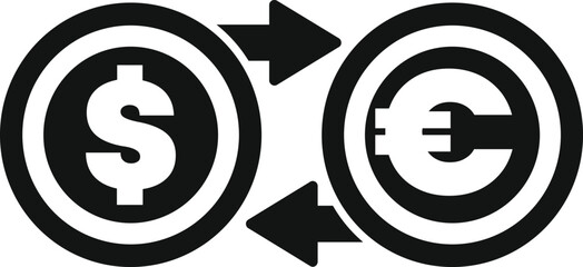 Black and white icon showing the conversion of us dollars and euros