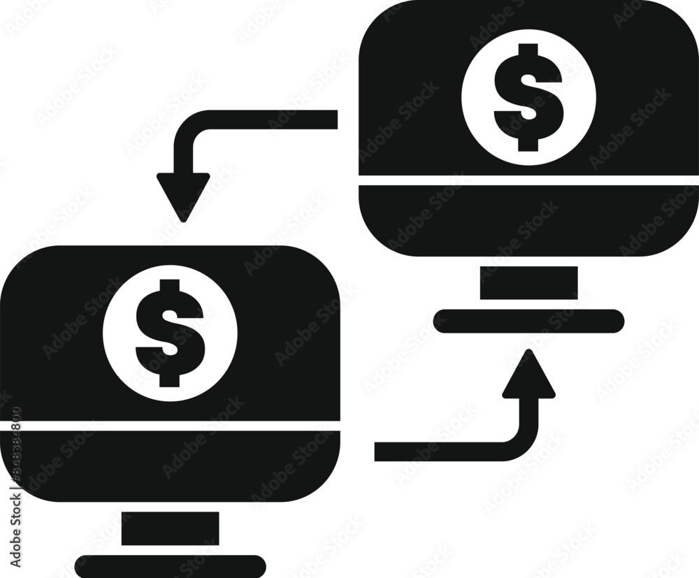Poster black and white icon of money transferring from one computer to another computer representing online