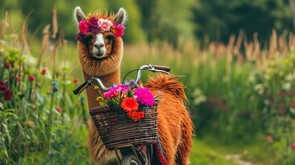 A cute alpaca wearing a flower crown sits on a bicycle with a basket full of flowers. - Powered by Adobe