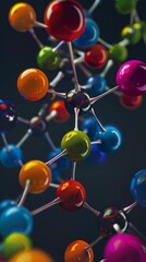 Close-up of colorful molecular structure on dark background. 3D render. Science and chemistry concept