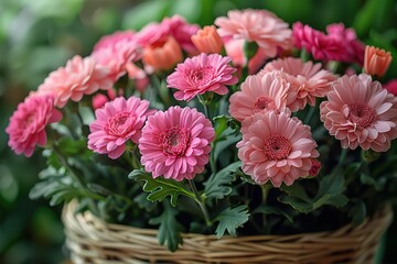 Obraz premium A basket full of pink flowers with green stems