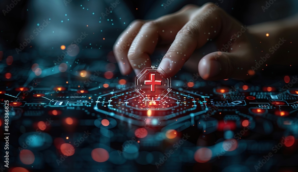 Poster a hand is pointing at a red cross on a computer screen