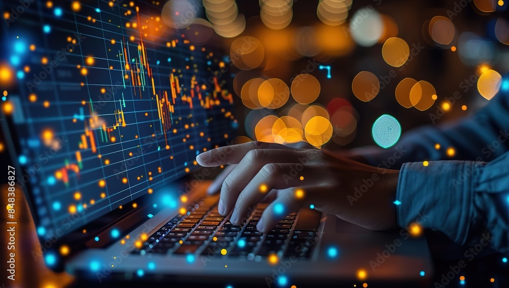 Aufkleber a businessman using a laptop and pointing at a virtual graph of growth with a rising arrow