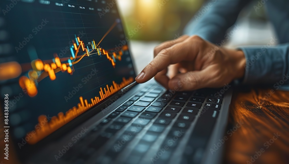Poster a businessman using a laptop and pointing at a virtual graph of growth with a rising arrow on the sc