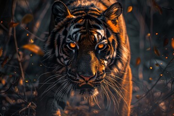 Close-up of a ferocious tiger's face, amber eyes gleaming in the dappled sunlight filtering through a dense forest.