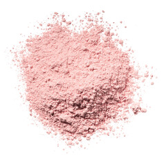 Texture swatches of cosmetic pink clay kaolin, eye shadows, blush powder on a white isolated background. Natural face mask. Dry matcha tea