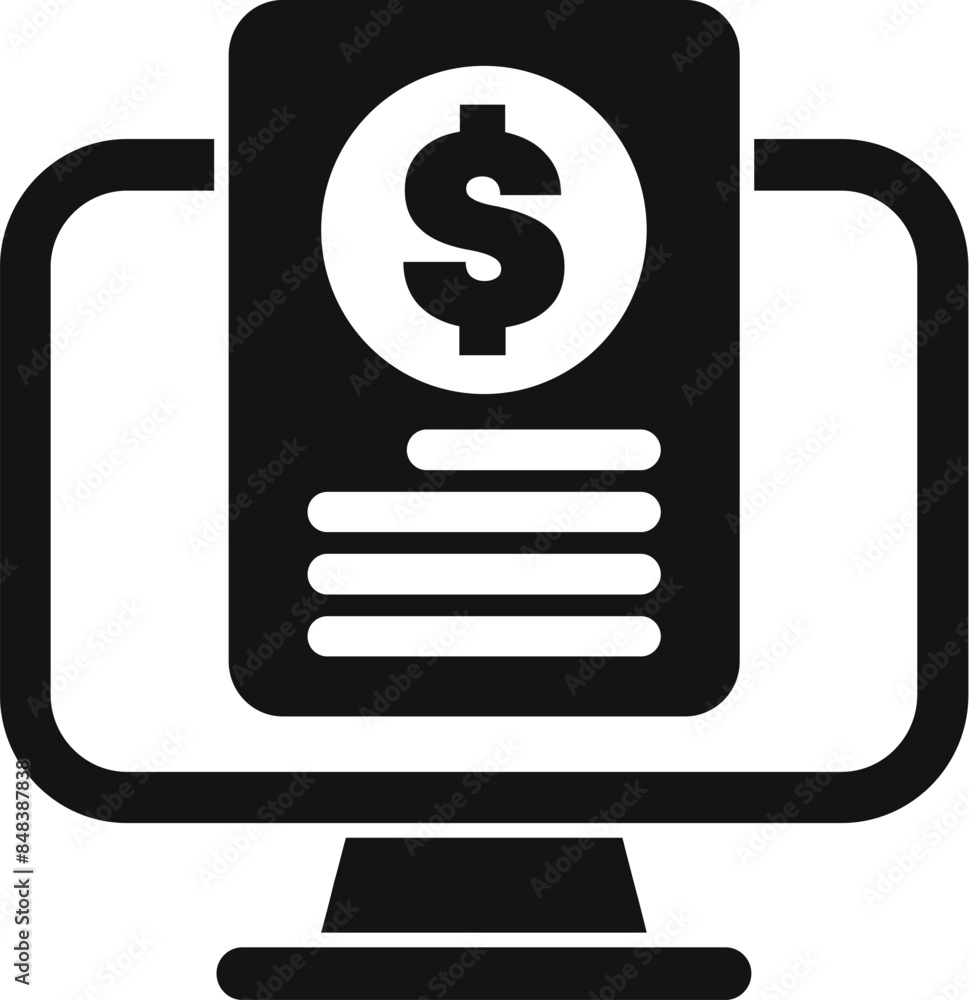 Poster black and white icon of a computer displaying a document with a dollar sign, representing online inv