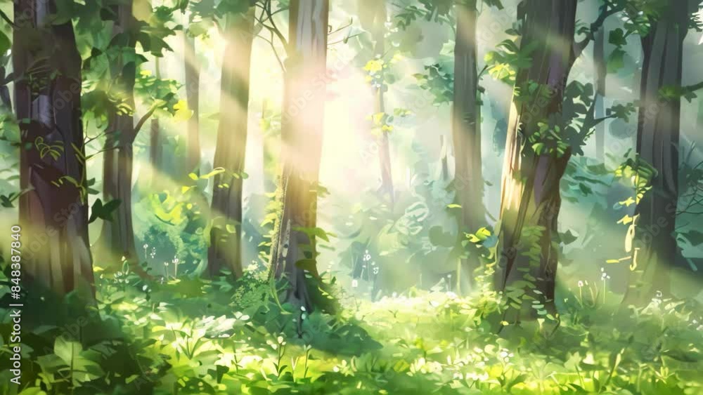 Poster a painting showcasing a dense forest with numerous towering trees creating a whimsical scene, a whim
