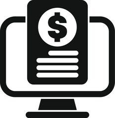 Black and white icon of a computer displaying a document with a dollar sign, representing online invoices and digital payments
